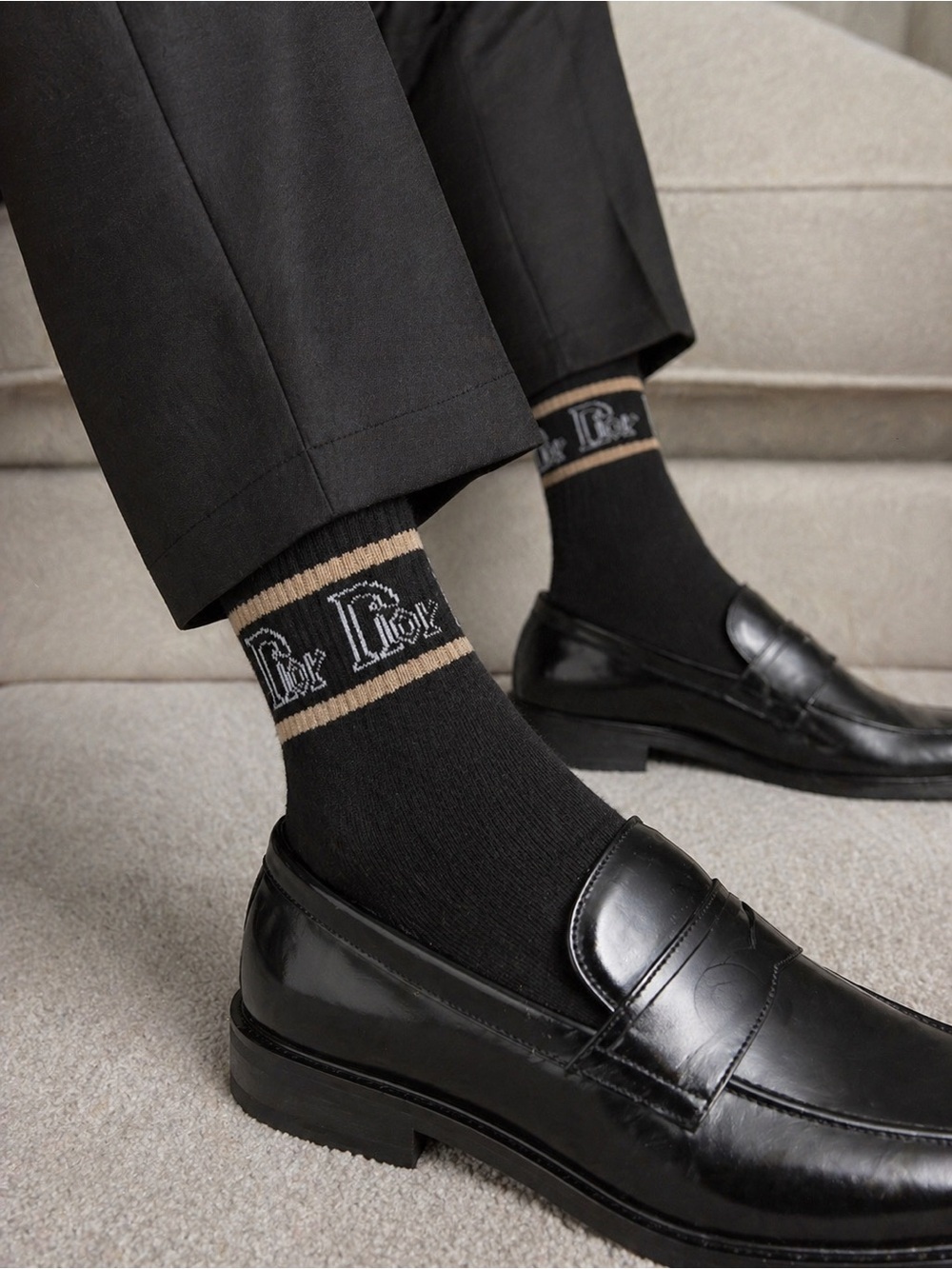 Dior Black Crew Socks with Tan Logo Bands